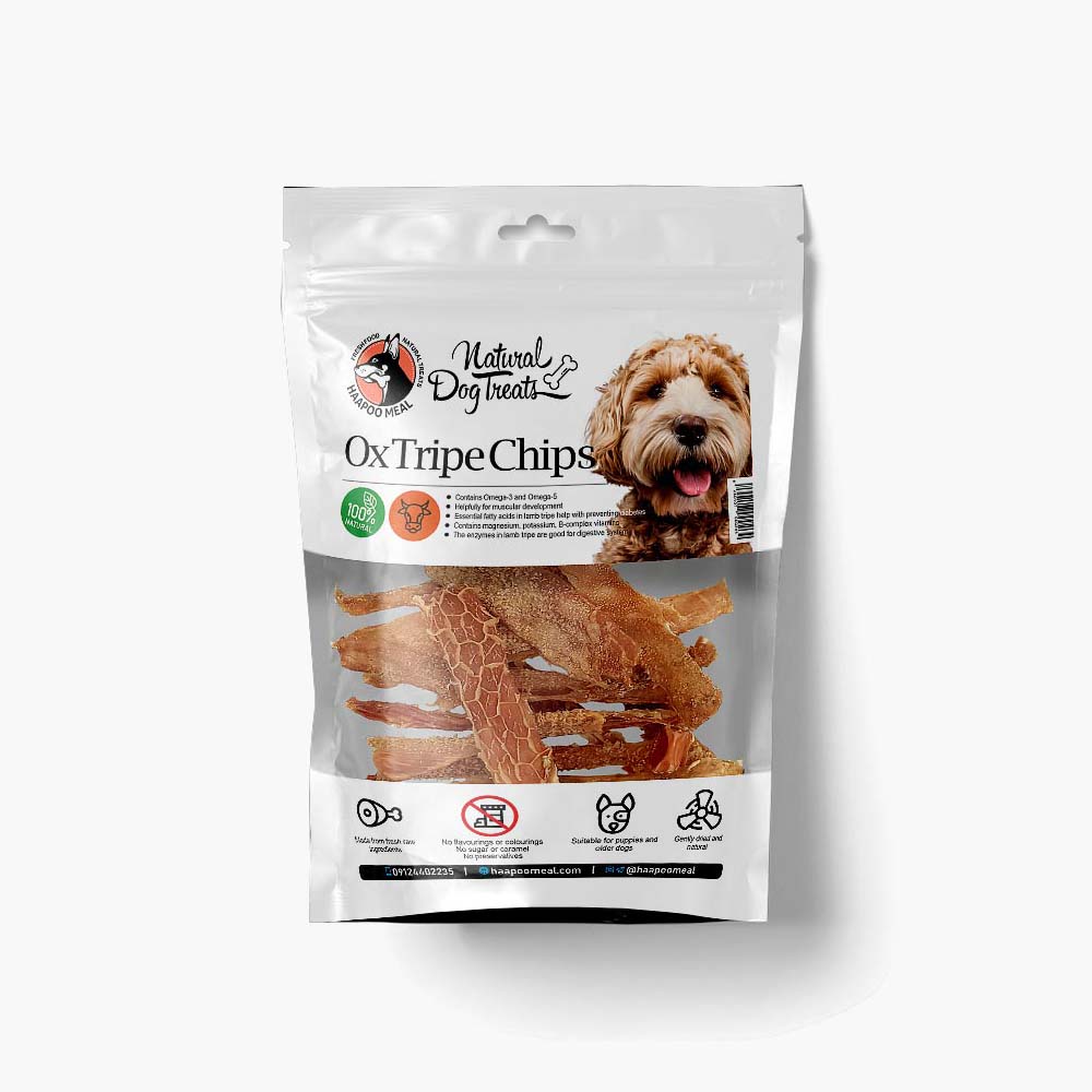 Ox-Tripe-Chips1-50g-1.jpg تشویقی سگ هاپومیل چیپس سیرابی سفید گاو وزن ۵۰ گرم - Image 1