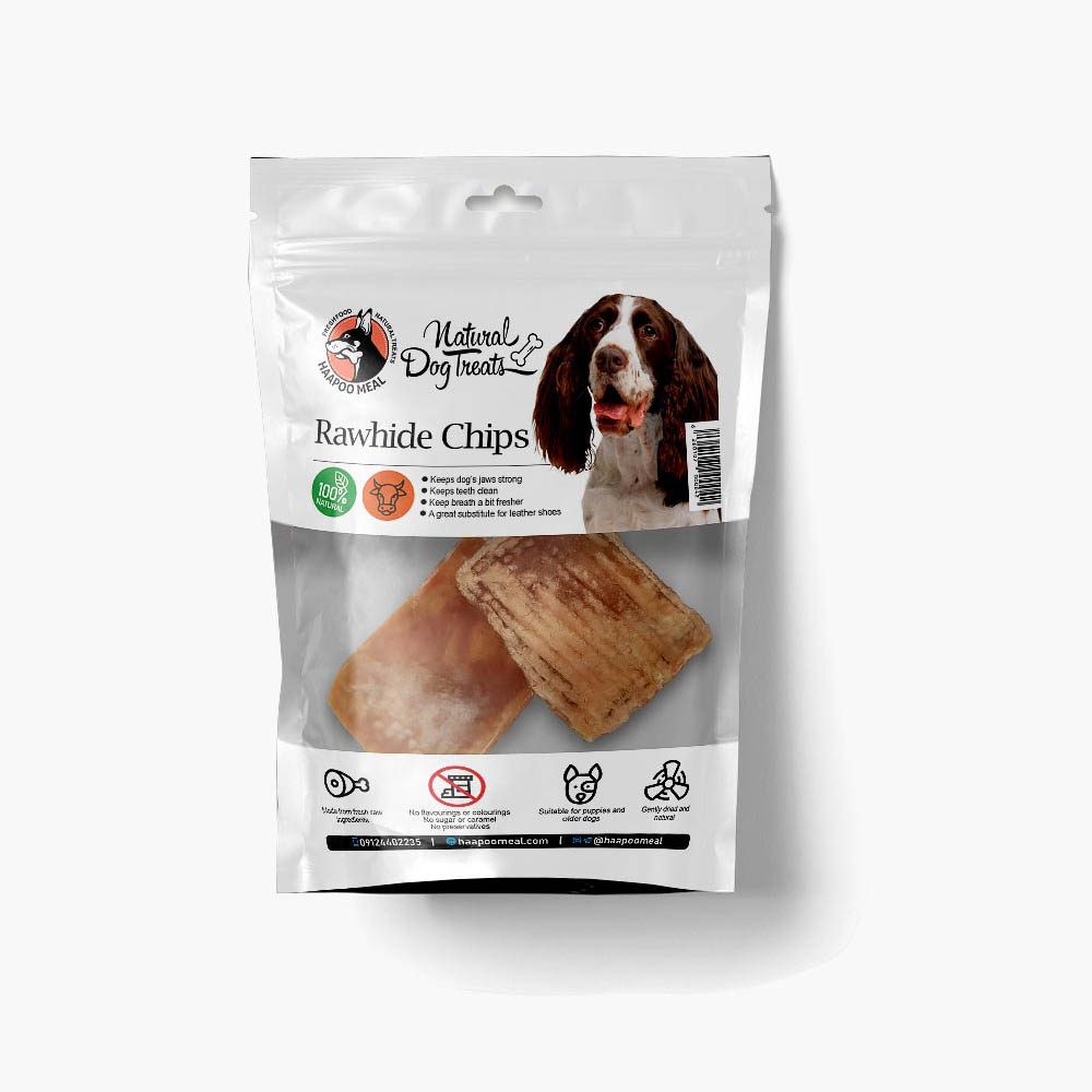 Rawhide-Chips1-100g-1.jpg تشویقی سگ هاپومیل چیپس پوست گاو وزن ۱۰۰ گرم - Image 1