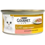 کنسرو گربه گورمت گلد طعم مرغ و سالمون در سس گریوی وزن ۸۵ گرم